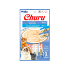 Snack Churu Atún + Atún y Ostión para Gatos 10 Tubos, pack surtido con premios cremosos, tubos individuales e imágenes de gatos.