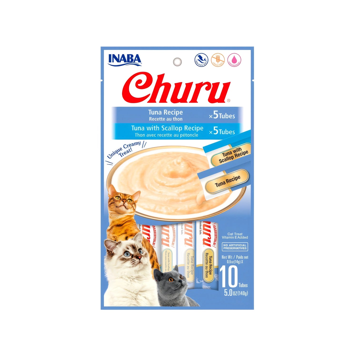Snack Churu Atún + Atún y Ostión para Gatos 10 Tubos, pack surtido con premios cremosos, tubos individuales e imágenes de gatos.