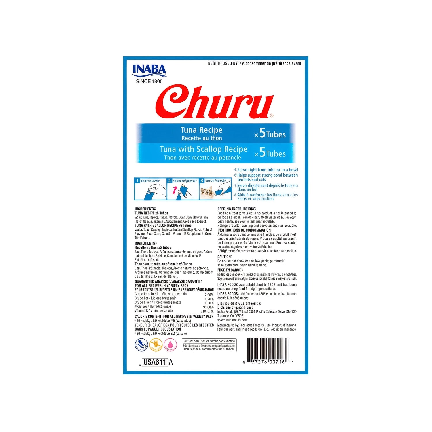 Snack Churu Atún + Atún y Ostión para Gatos 10 Tubos, pack surtido con premios cremosos, tubos individuales e imágenes de gatos.