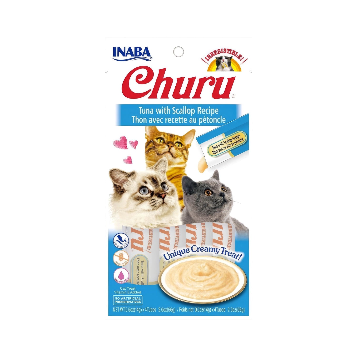 Snack Churu Atún y Ostiones para Gatos en envase de 4 tubos, con textura cremosa, imagen de gatos y plato de snack.