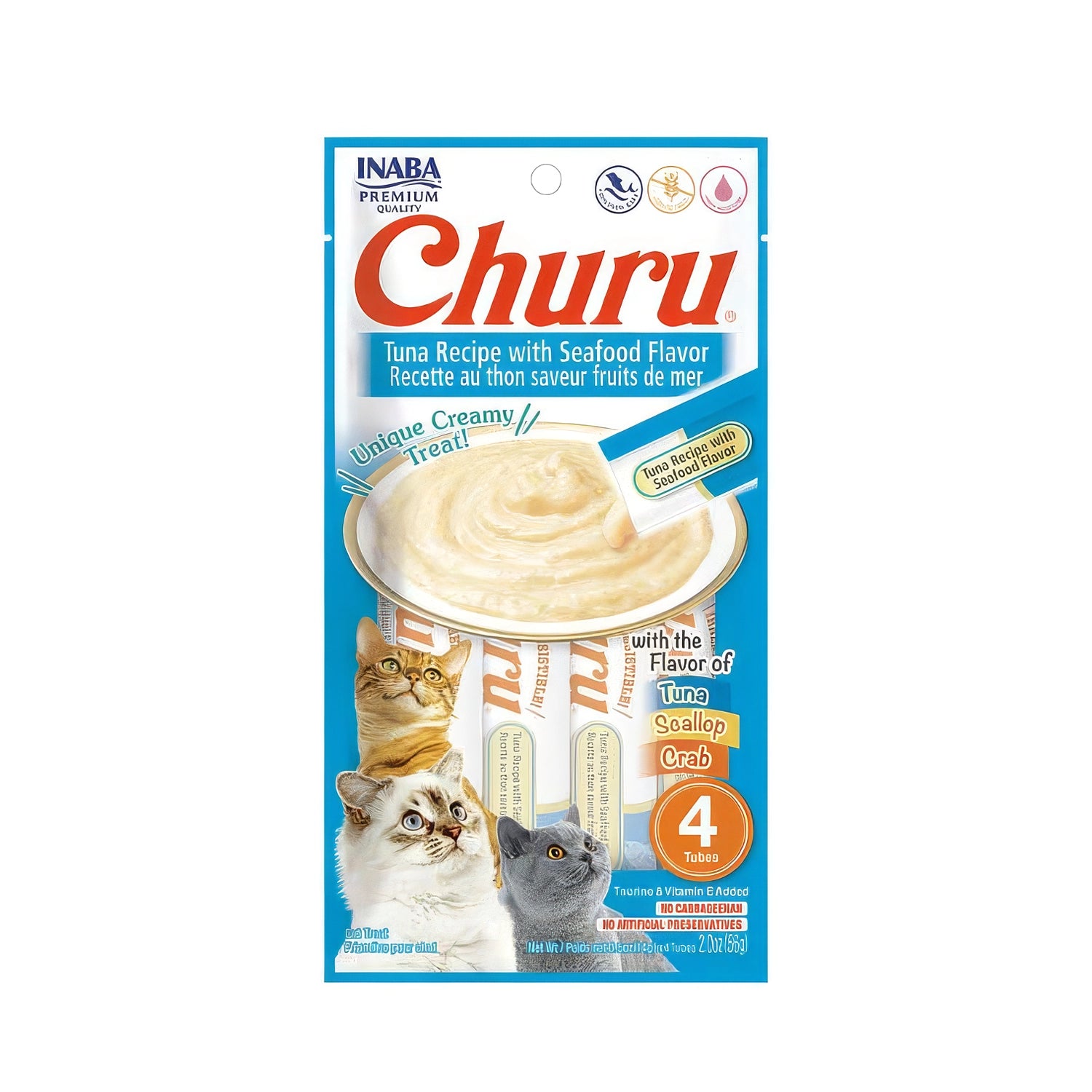 Snack Churu Atún y Mariscos para Gatos en envase de 4 tubos, premio cremoso sabor atún y mariscos con imágenes de gatos.