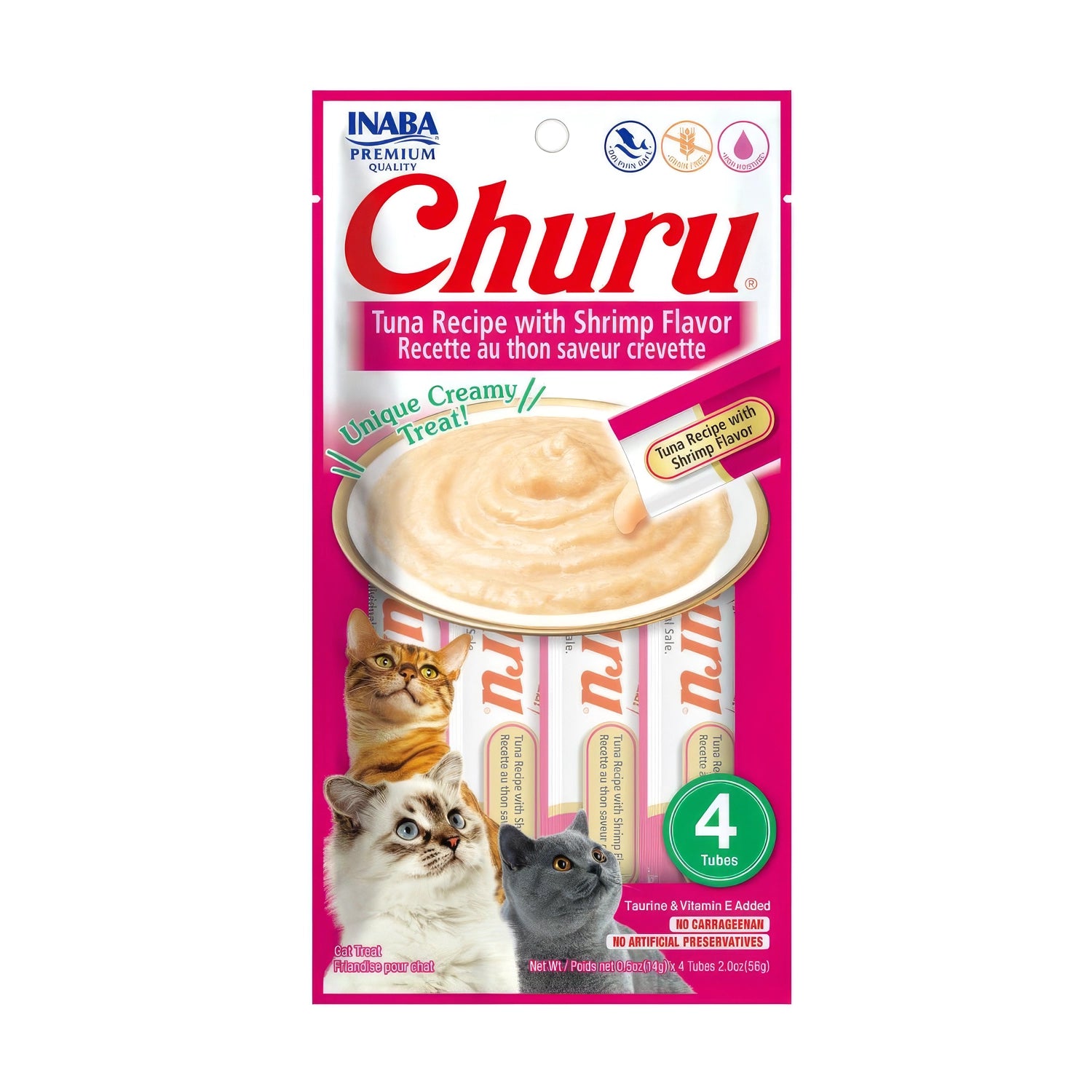 Snack Churu Atún y Camarón para Gatos en pack de 4 tubos, premio cremoso con puré suave, ilustración de gatos y receta de atún.