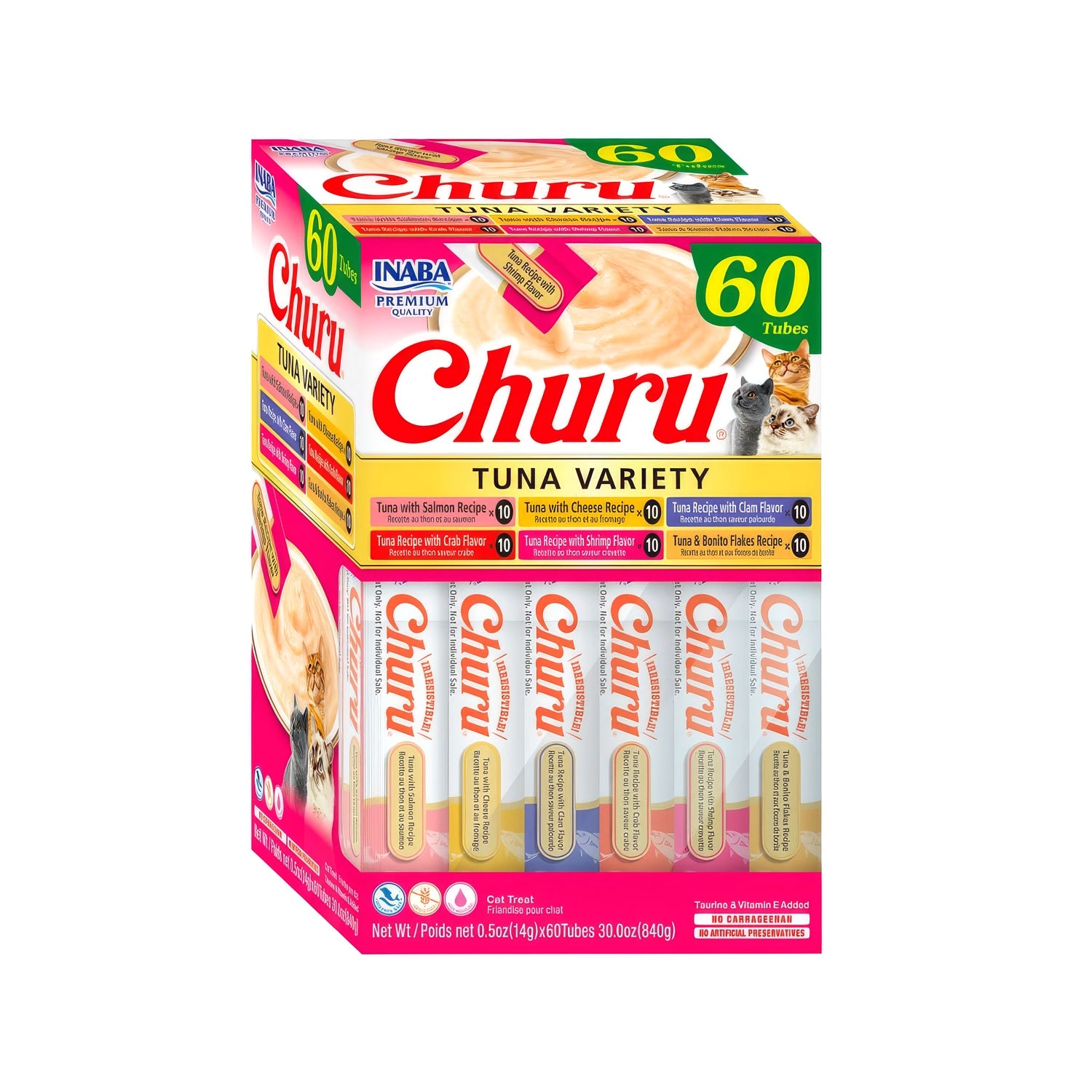 Caja Snack Churu Variedades de Atún para Gatos con 60 tubos surtidos, sabores de atún y cremoso snack para gatos.