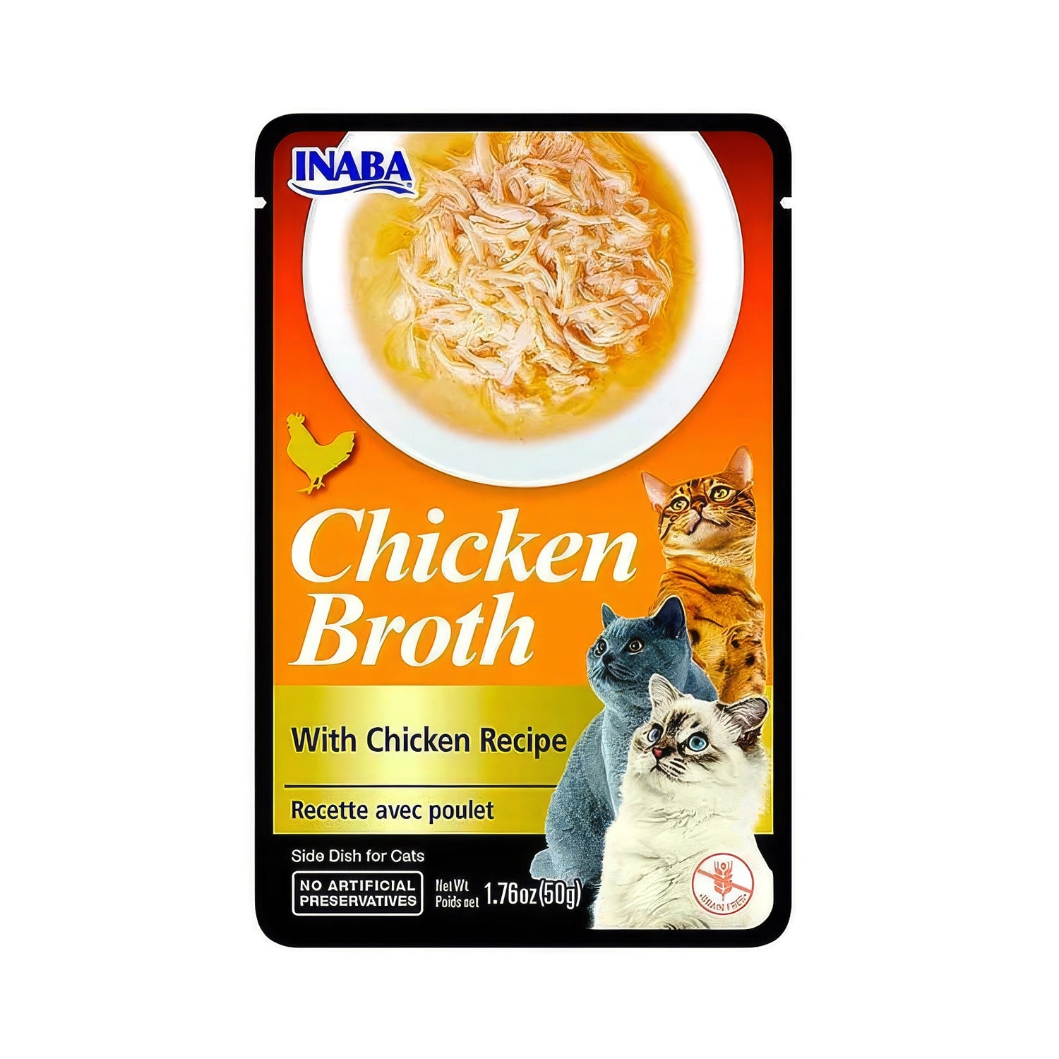Churu Broth Caldo de Pollo para Gatos en sobre individual, con caldo de pollo y trozos desmenuzados visibles en la presentación.