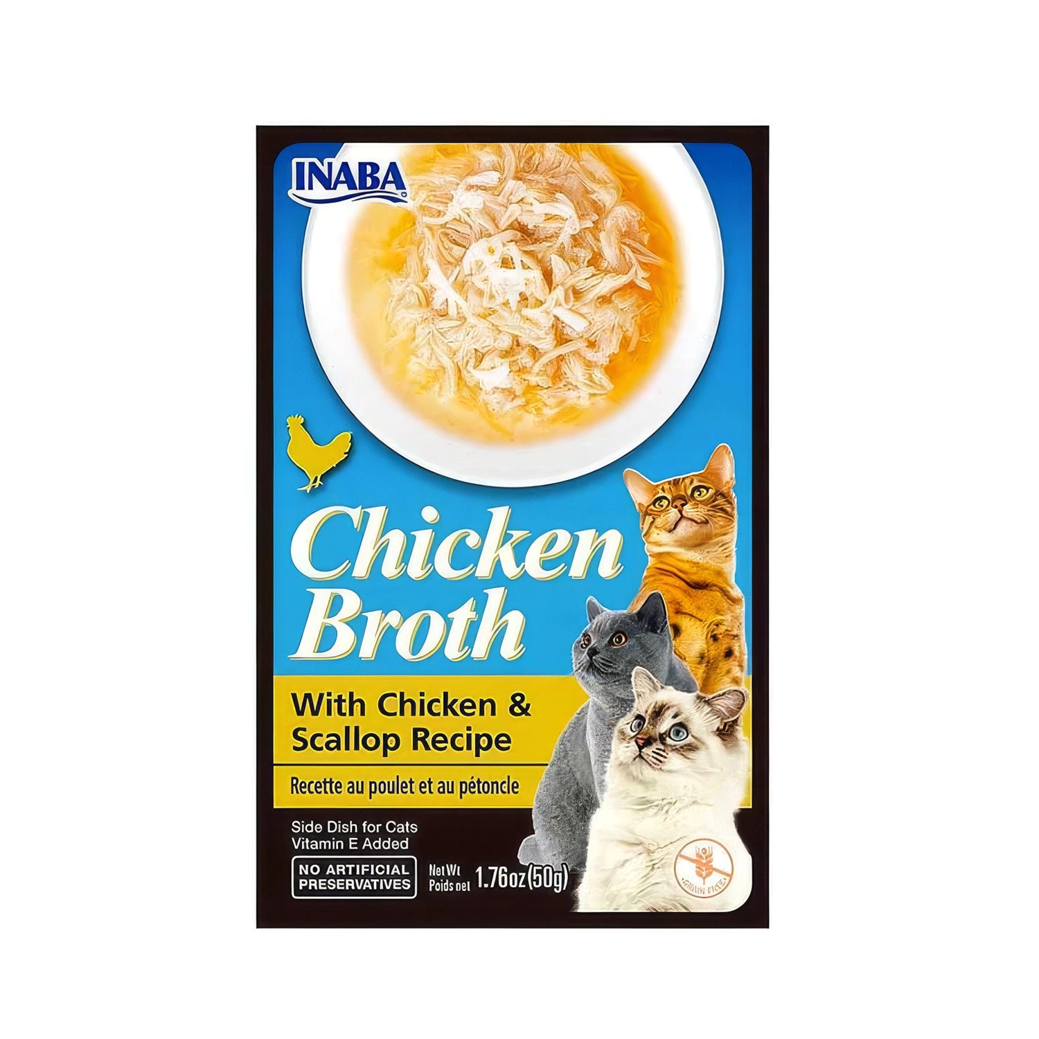 Churu Broth Caldo de Pollo y Ostión para Gatos en sobre individual, con caldo nutritivo y trozos visibles de pollo y ostión.