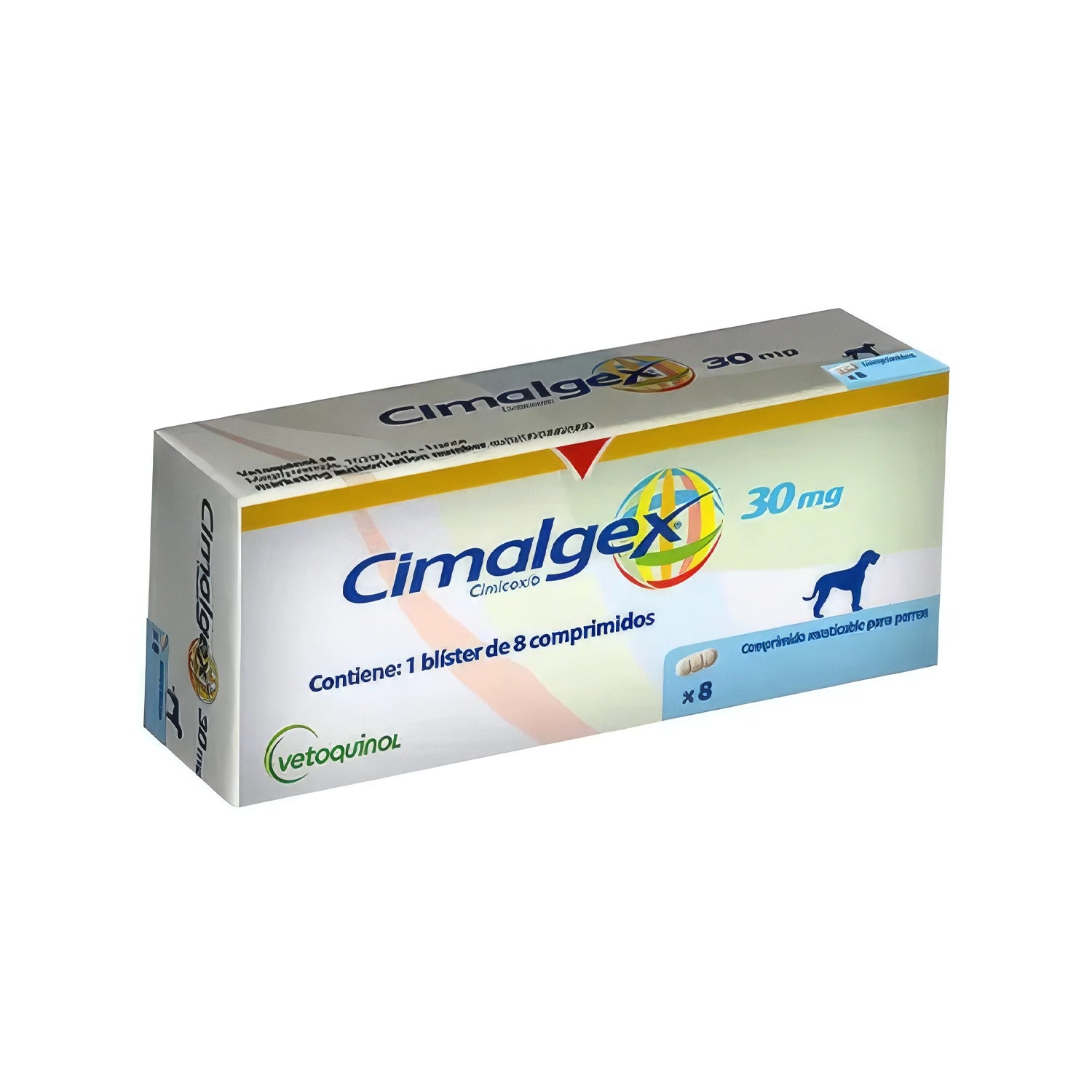 Cimalgex 30 mg, medicamento veterinario Vetoquinol para perros en caja con un blíster de 8 comprimidos masticables.