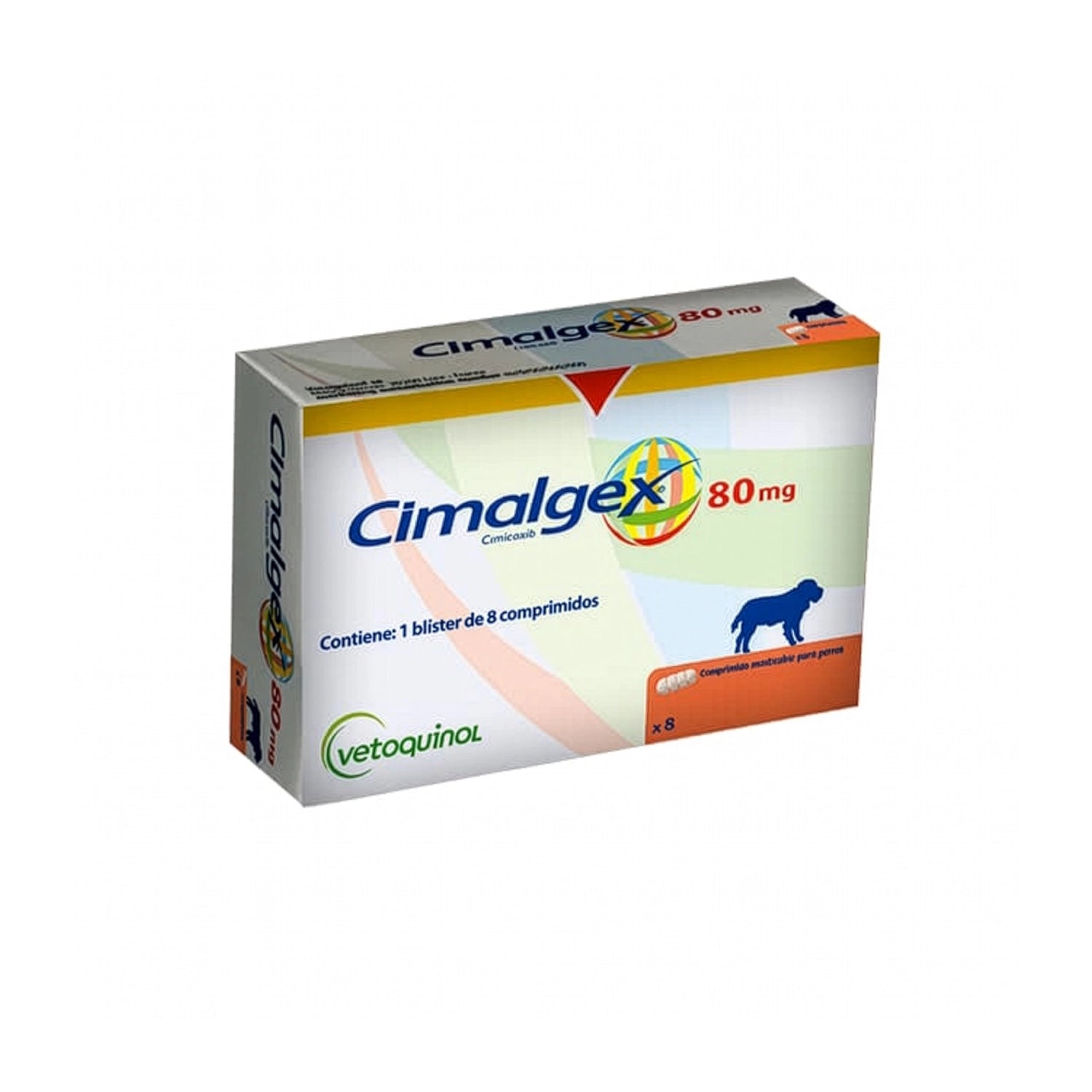 Cimalgex 80 mg, medicamento veterinario Vetoquinol para perros en caja con un blíster de 8 comprimidos masticables.