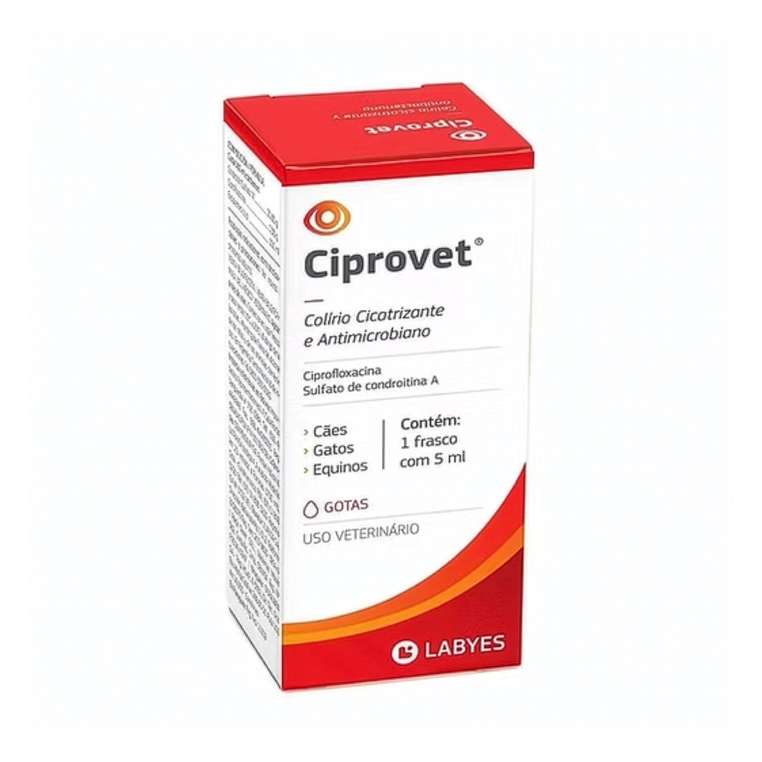 Caja Labyes Ciprovet colirio cicatrizante y antimicrobiano para perros, gatos y equinos en presentación de 5 ml.
