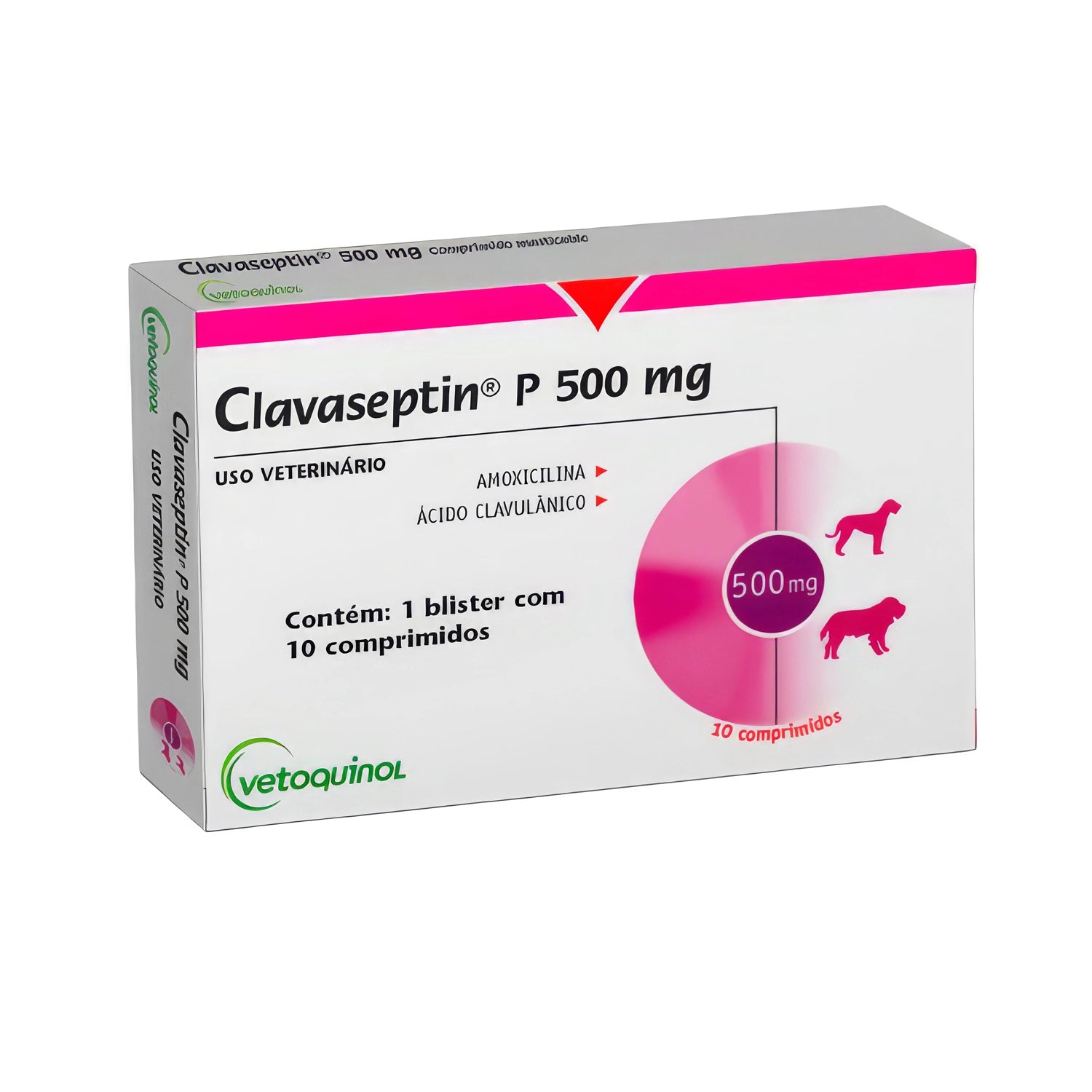 Clavaseptin 500 mg para perros y gatos, medicamento veterinario con amoxicilina y ácido clavulánico en 10 comprimidos.