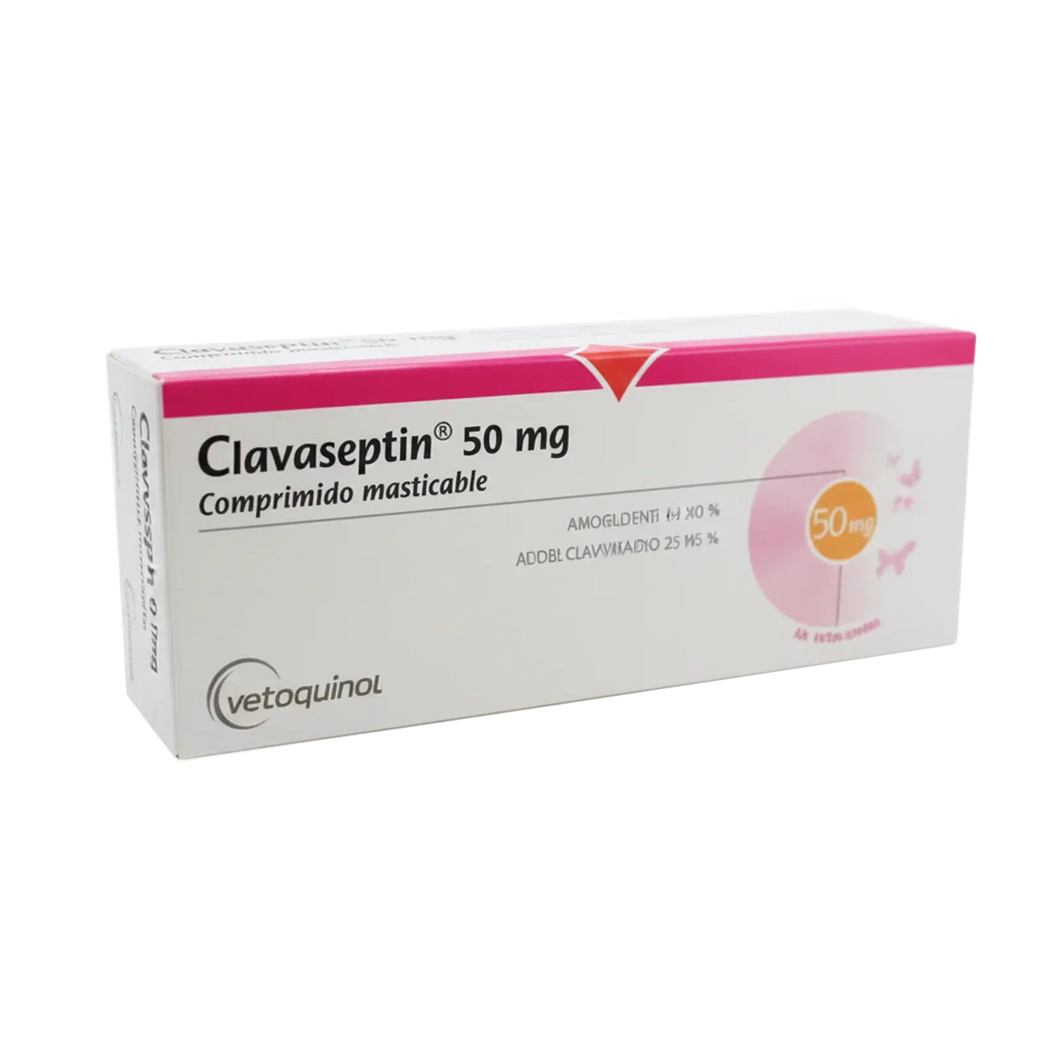 Caja de Clavaseptin 50 mg con comprimidos masticables para perros y gatos, diseño blanco con detalles rosados.