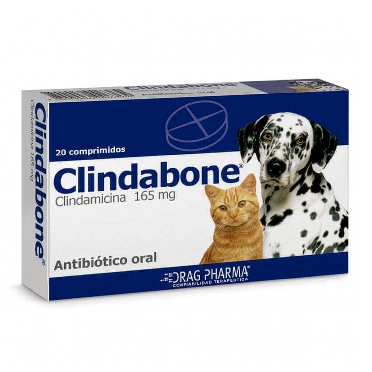 Caja Clindabone 165 mg Clindamicina oral con diseño azul, producto veterinario para perros y gatos.