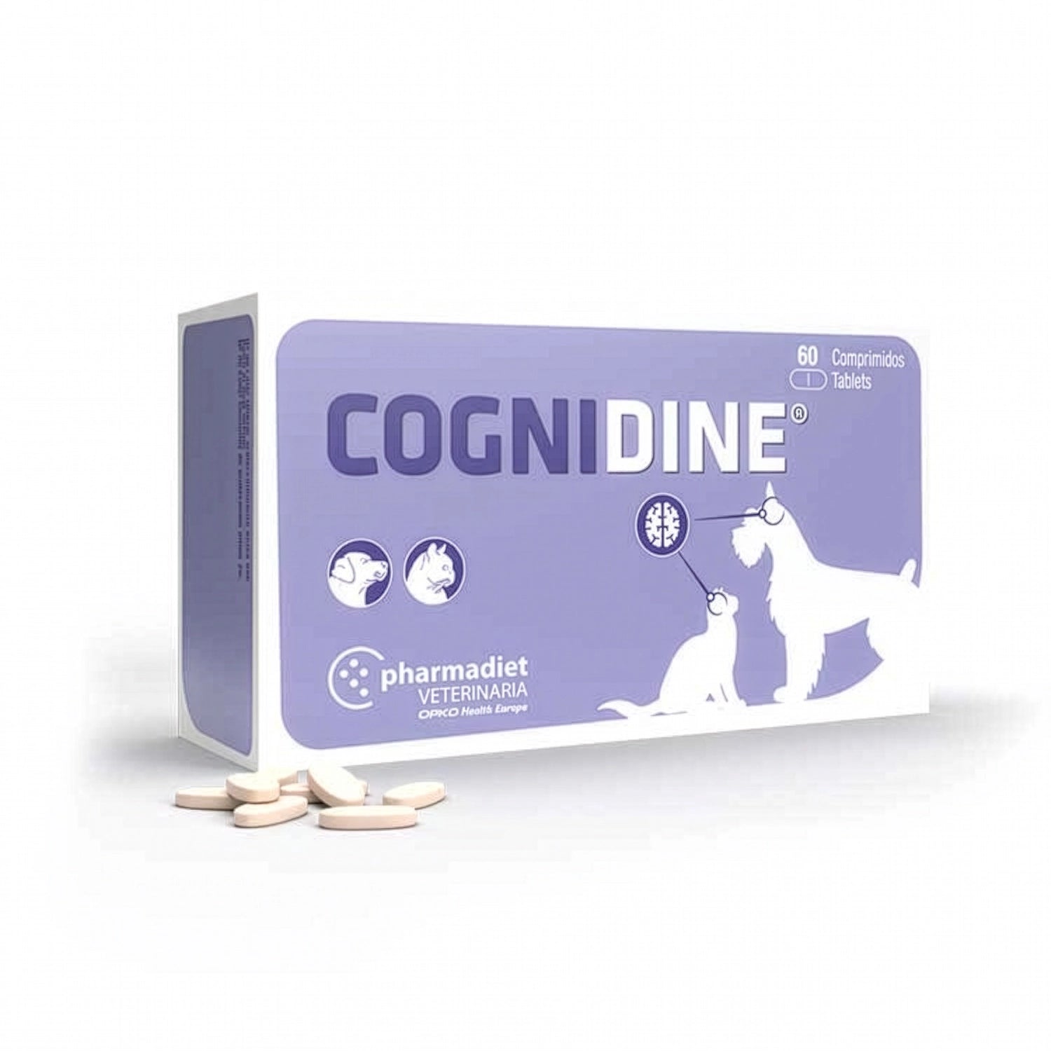 ognidine suplemento veterinario en caja morada con 60 comprimidos para perros y gatos con apoyo cognitivo.