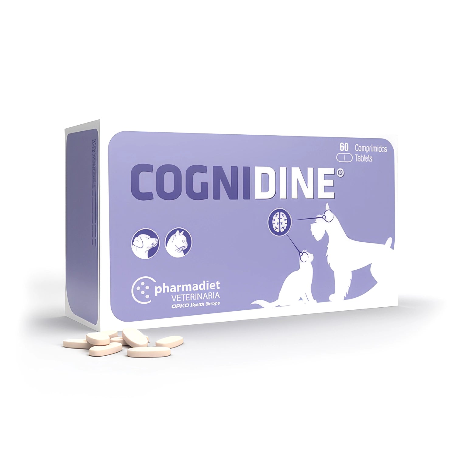 Cognidine suplemento veterinario en caja de 60 comprimidos, con tabletas visibles y diseño para perros y gatos.