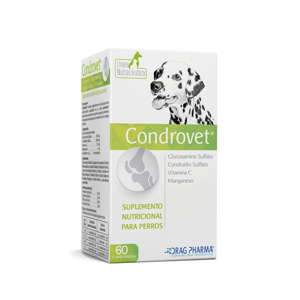 Caja de Condrovet suplemento para articulaciones de perros con glucosamina, condroitina y vitamina C de Drag Pharma.