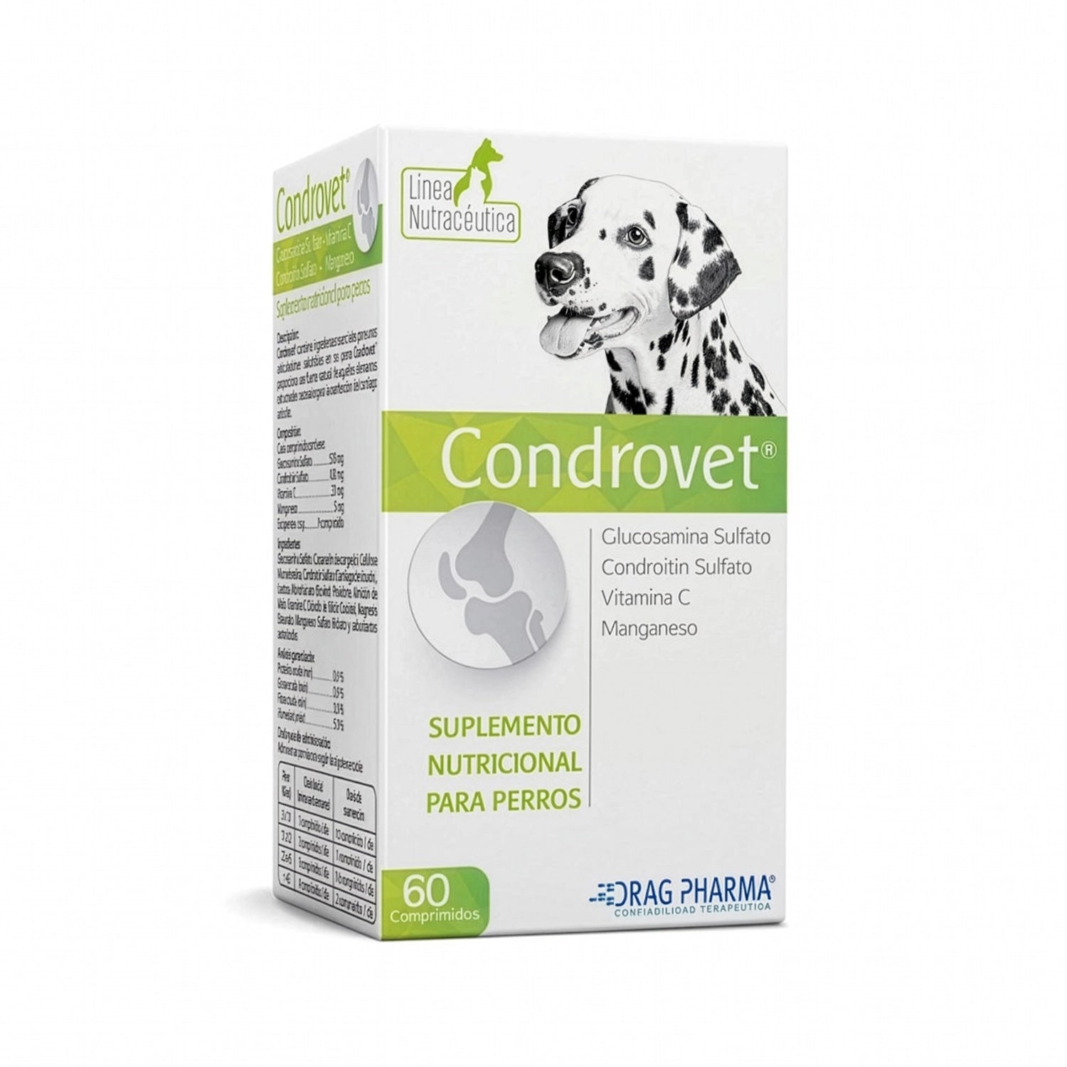 Caja de Condrovet suplemento para articulaciones de perros con glucosamina, condroitina y vitamina C de Drag Pharma.