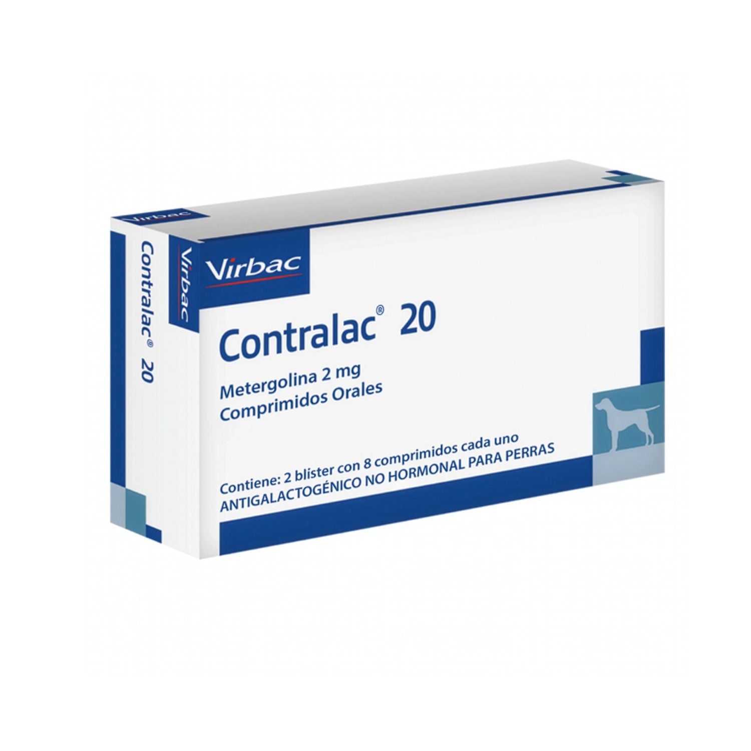 Caja de Contralac 20 con metergolina 2 mg para perras, diseño blanco y azul de uso veterinario Virbac.