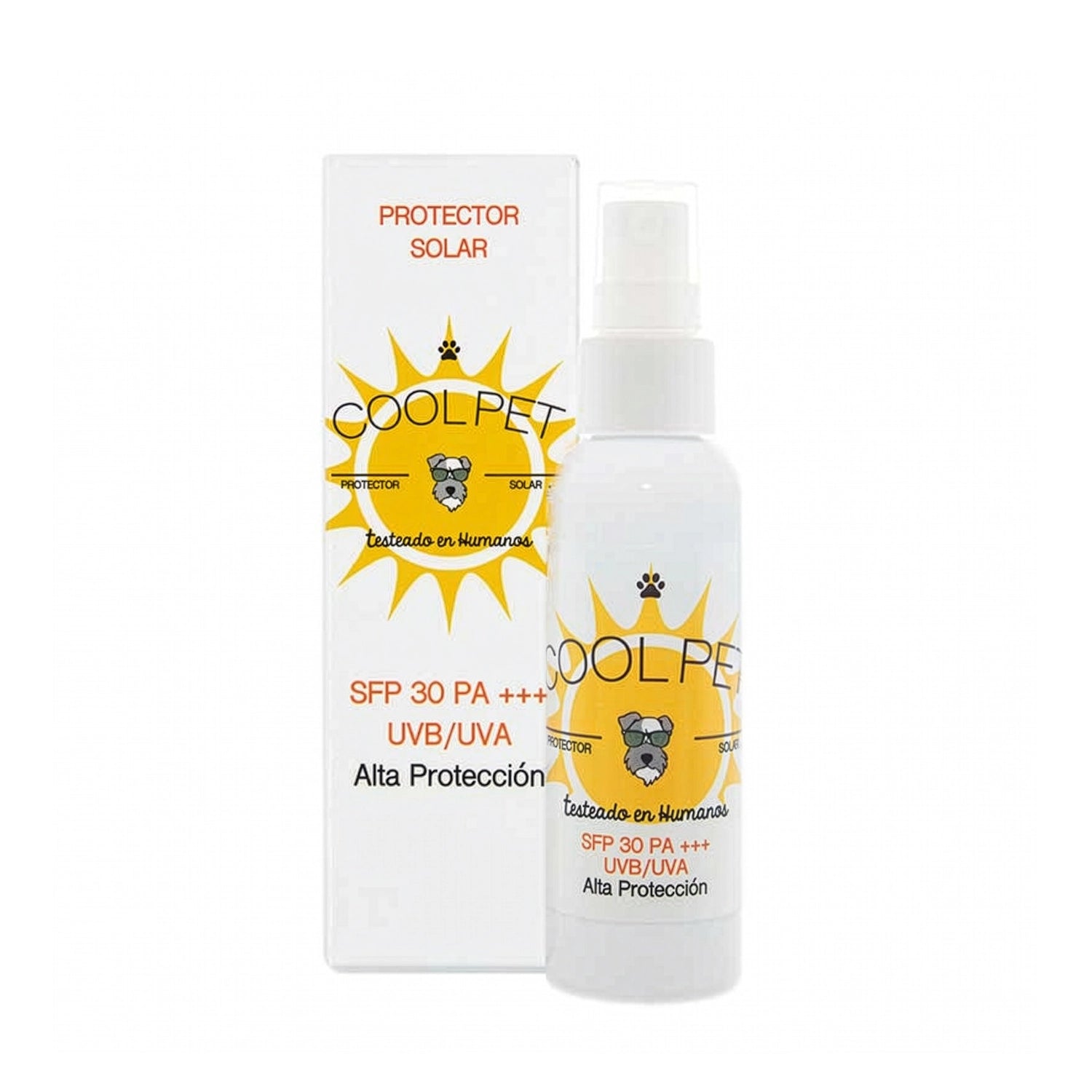 Protector Solar para Mascotas SFP 30 Cool Pet en spray con protección UVB/UVA y envase blanco con diseño solar.