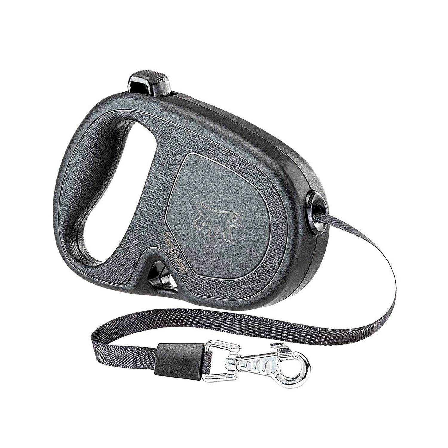 Correa Retráctil Flippy One con cinta retráctil negra, mango ergonómico y mosquetón metálico para paseos seguros con perros.