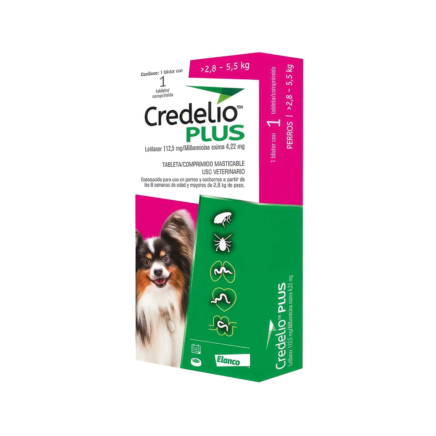 Credelio Plus Antiparasitario Externo para Perros, tableta masticable para perros de 2,8 kg a 5,5 Kg con acción antiparasitaria.