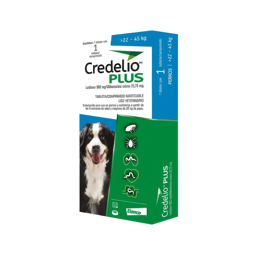Credelio Plus Antiparasitario Externo para Perros, tableta masticable para perros de 22 Kg a 45 Kg con acción antiparasitaria.