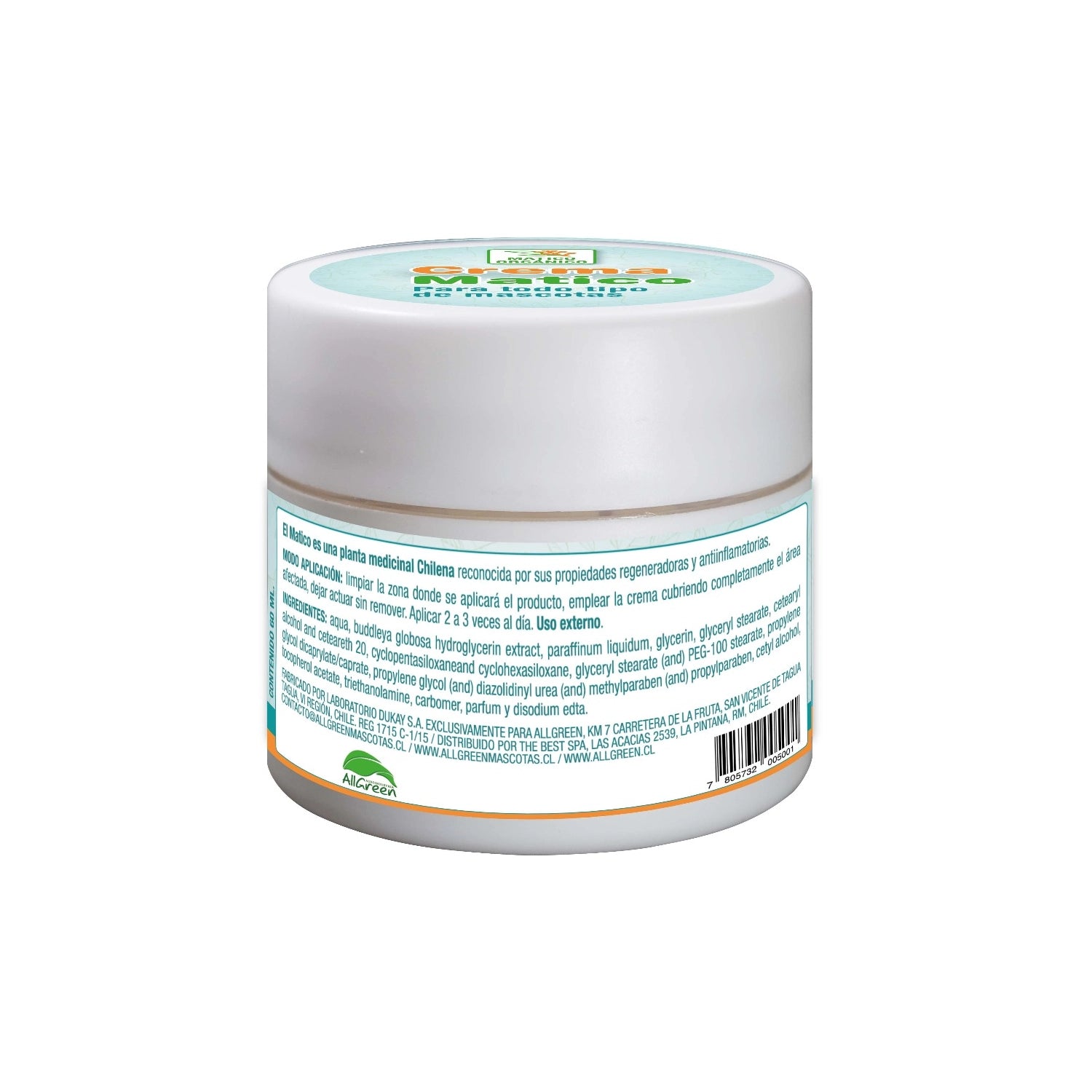 AllGreen Crema de Matico para Mascotas en envase blanco, crema orgánica para perros, gatos y hurones.