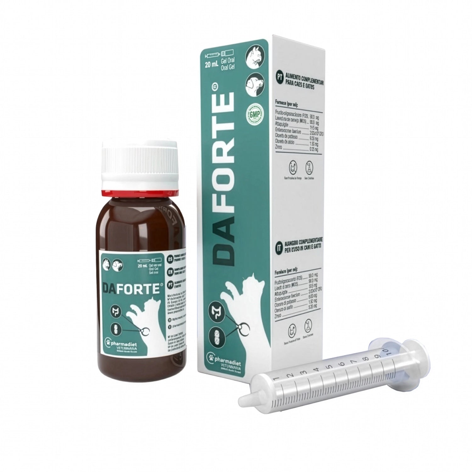 Daforte Pharmadiet gel oral para perros y gatos con frasco, caja y jeringa dosificadora sobre fondo blanco.