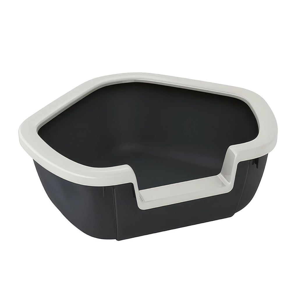 Bandeja Sanitaria Esquina Dama para gatos en color negro con borde gris, diseño esquinero y entrada baja para facilitar el acceso.