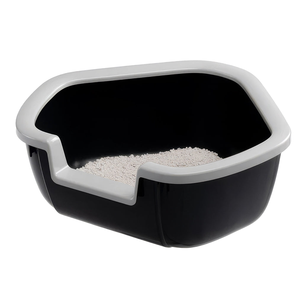 Bandeja Sanitaria Esquina Dama para gatos en color negro con borde gris, diseño esquinero y entrada baja para facilitar el acceso.