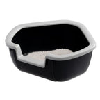 Bandeja Sanitaria Esquina Dama para gatos en color negro con borde gris, diseño esquinero y entrada baja para facilitar el acceso.