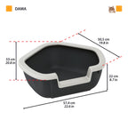 Bandeja Sanitaria Esquina Dama para gatos en color negro con borde gris, diseño esquinero y entrada baja para facilitar el acceso.