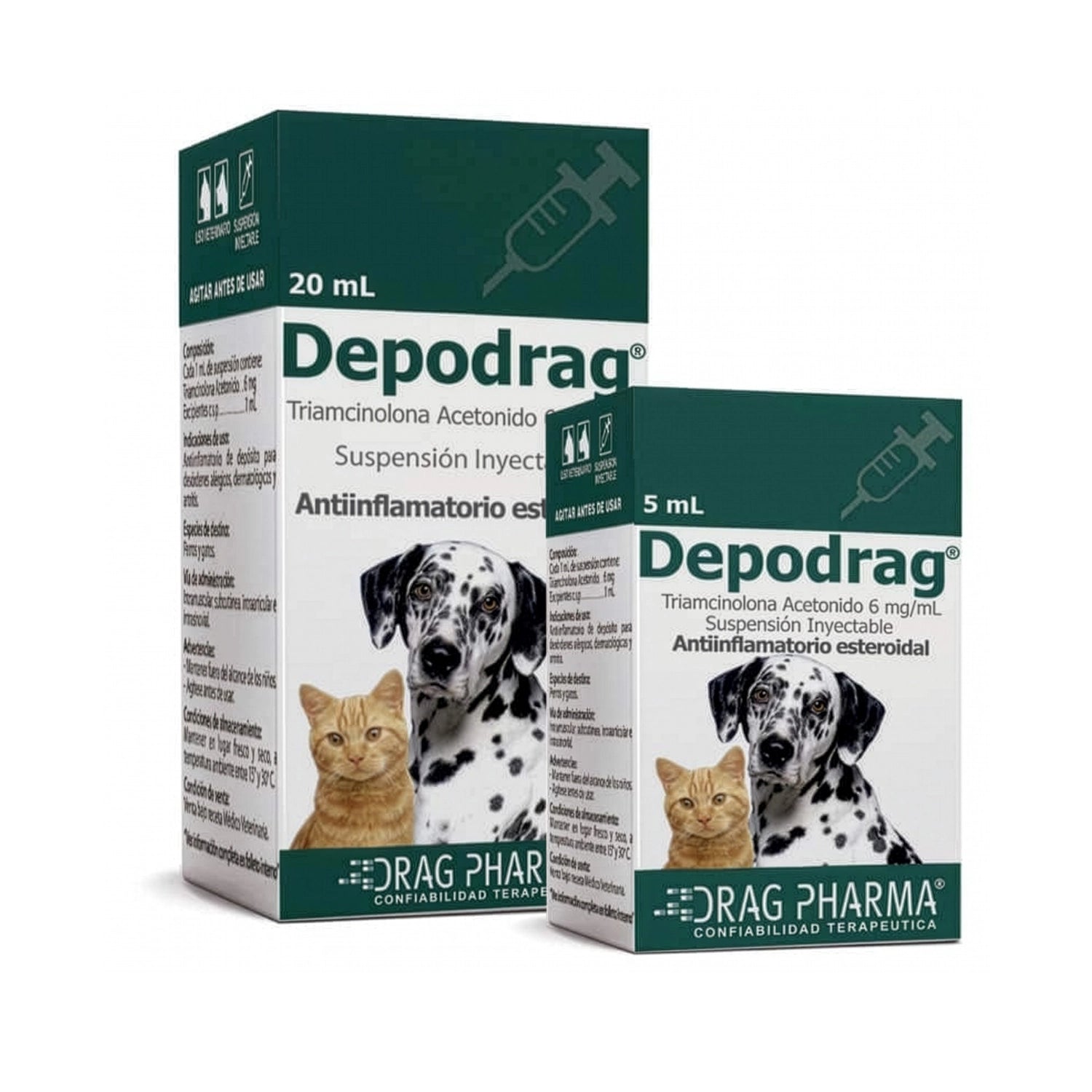 Depodrag Suspensión Inyectable en cajas de 5 y 20 mL con imagen de perro y gato para uso veterinario.