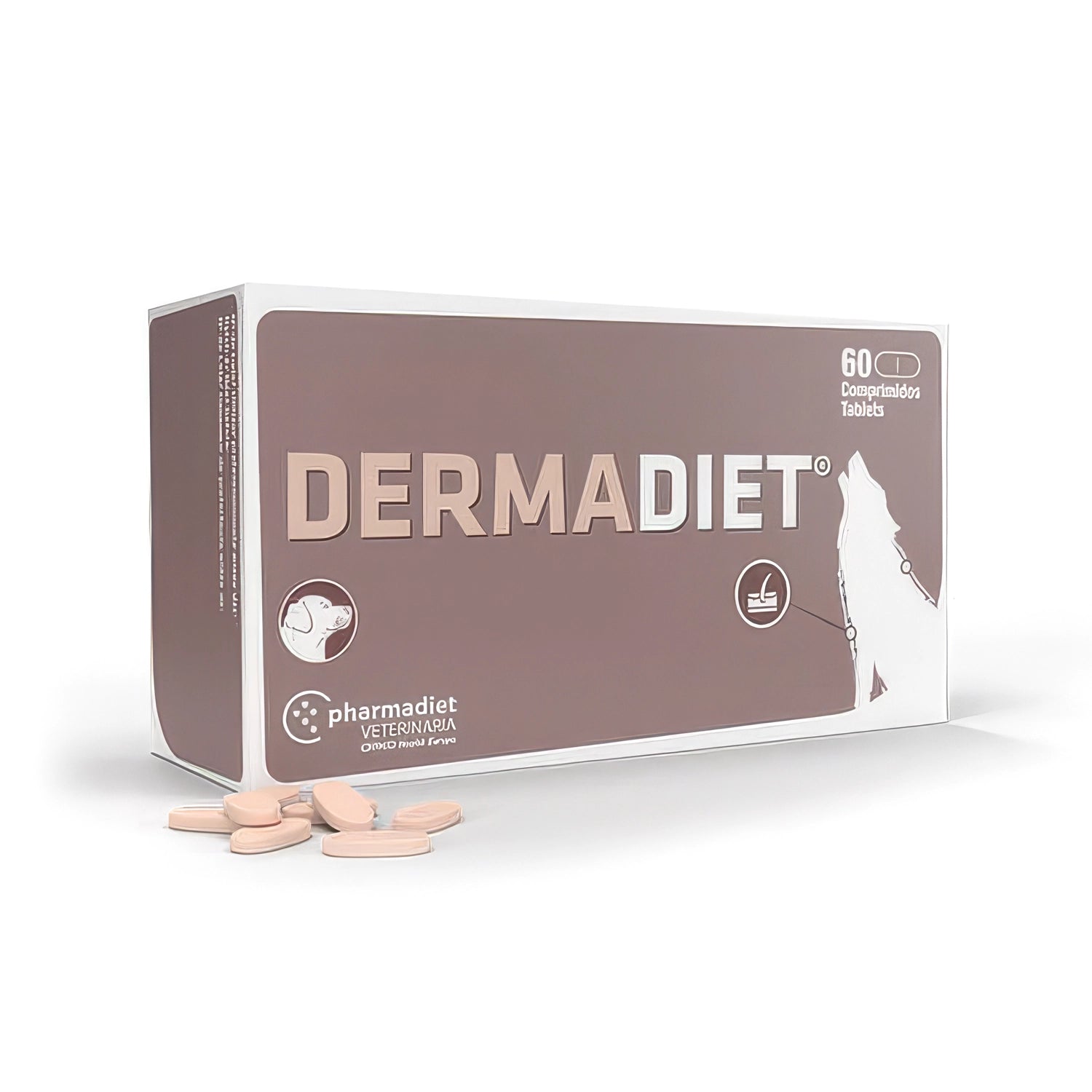 Dermadiet suplemento veterinario en caja de 60 comprimidos, con tabletas visibles y diseño para el cuidado de piel y pelaje.
