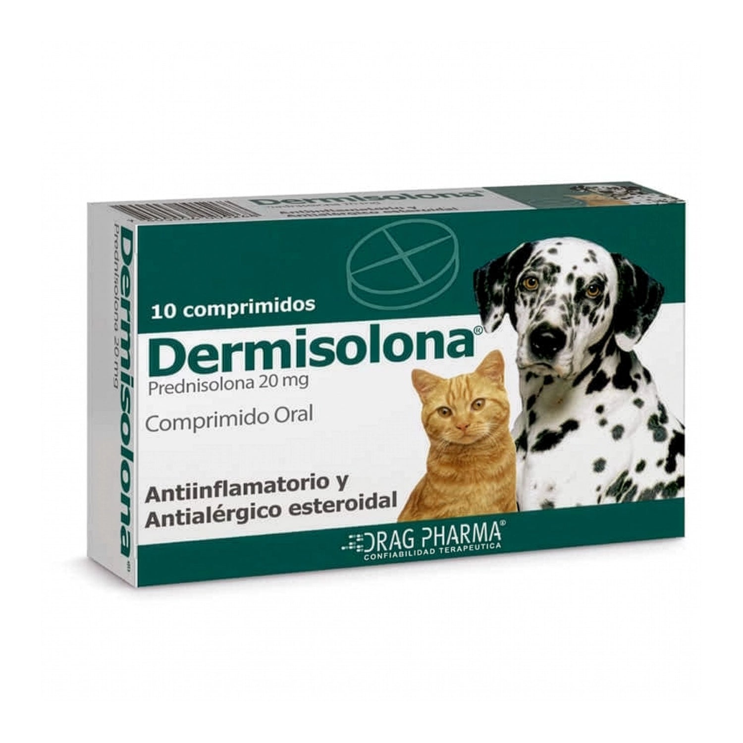 Dermisolona 20 mg antiinflamatorio y antialérgico esteroidal en comprimidos orales para perros y gatos.