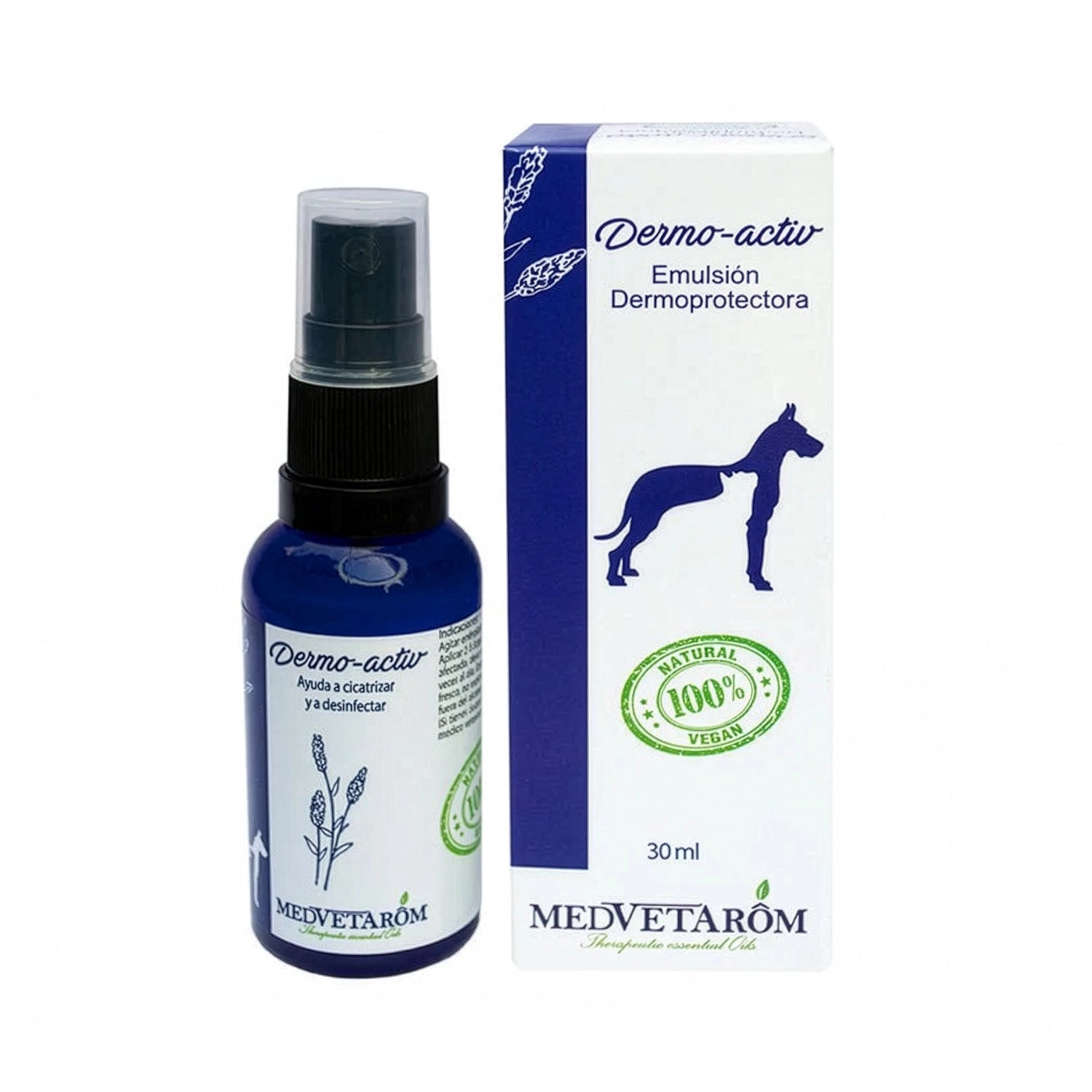 Spray DERMO-ACTIV Cicatrizante y Desinfectante Medvetarom con fórmula vegana para cicatrizar y proteger la piel.