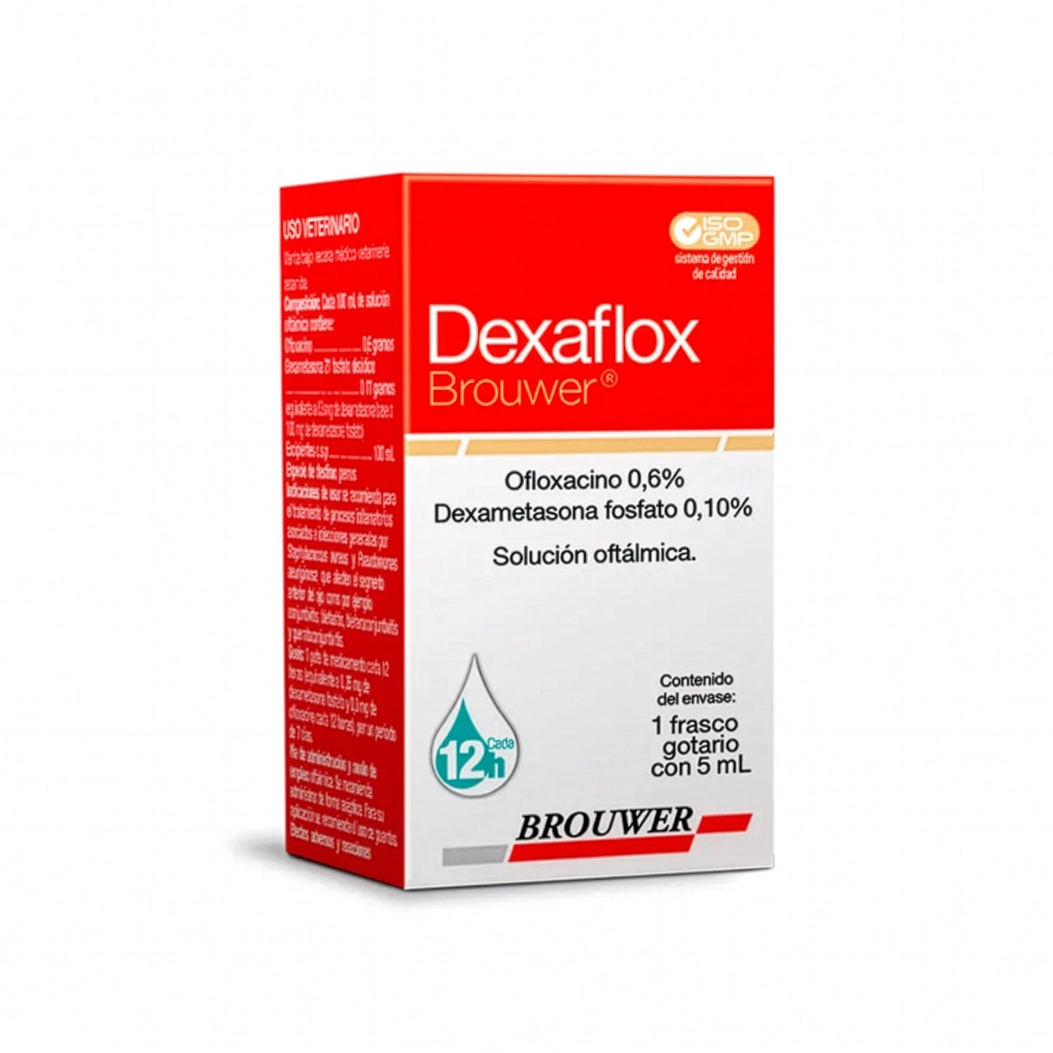 Dexaflox Solución Oftálmica 5 ml, medicamento veterinario Brouwer con ofloxacino y dexametasona en frasco gotario.