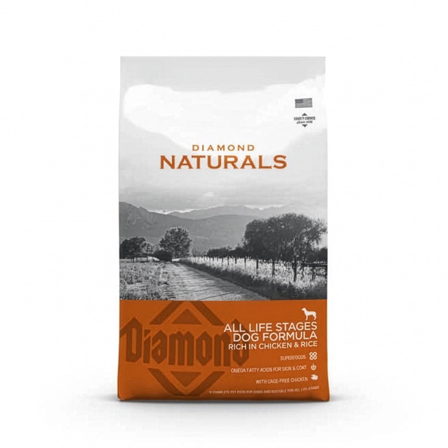 Diamond Naturals Pollo y Arroz para Perros en bolsa original, alimento seco completo con pollo y arroz para perros de todas las etapas.