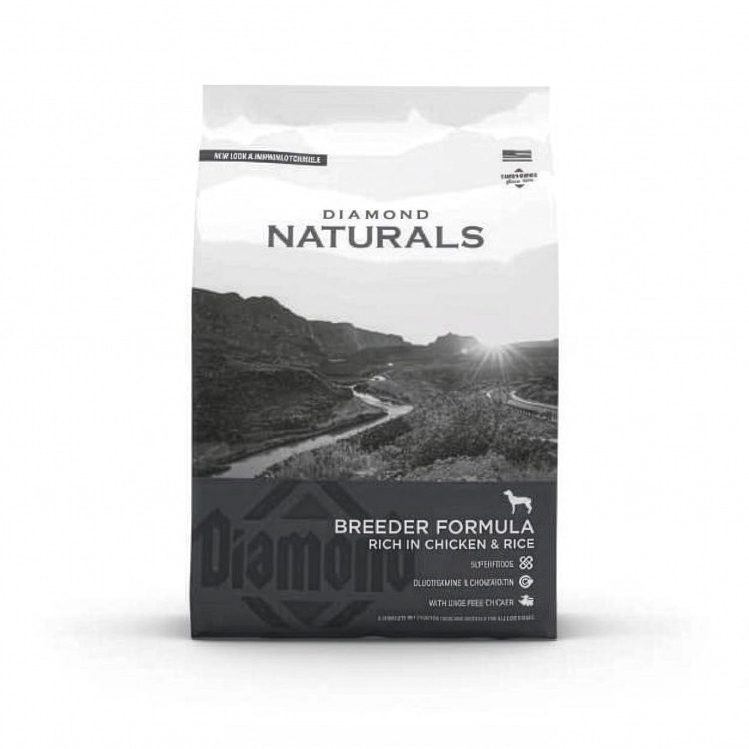 Diamond Naturals Breeder Pollo y Arroz para Perros en bolsa original, alimento seco premium con pollo y arroz para nutrición completa.