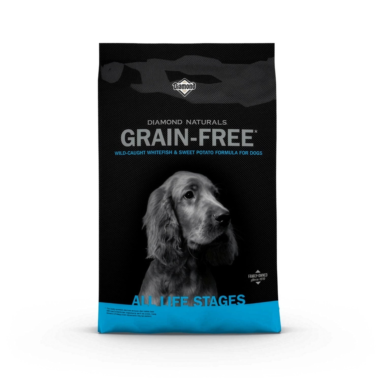 Diamond Naturals Grain-free Pescado Blanco y Papa Dulce para Perros en bolsa original, alimento sin granos con pescado blanco y papa dulce.