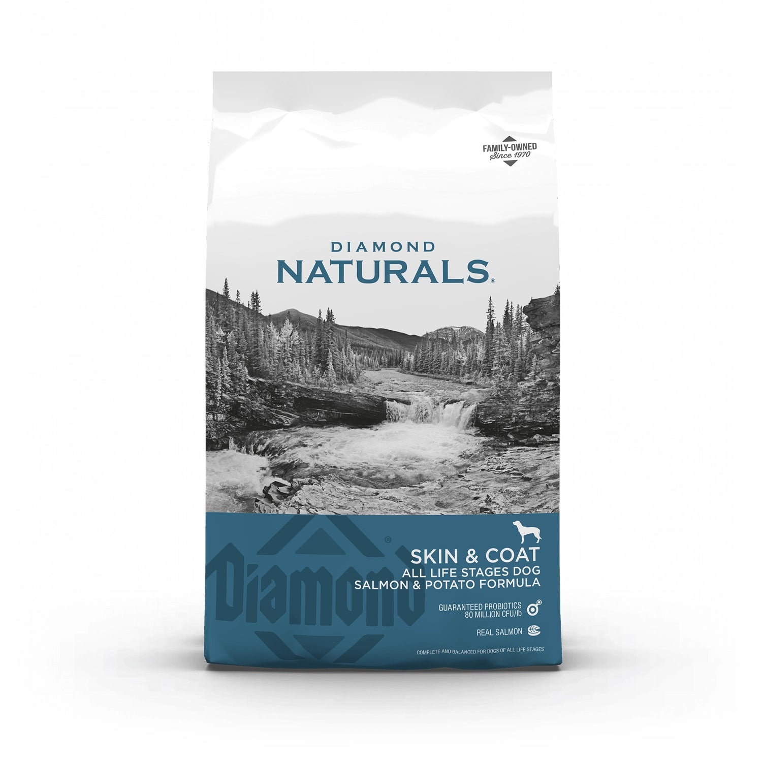 Diamond Naturals Salmón Skin & Coat para Perros en bolsa original, alimento seco con salmón y papa para piel sana y pelaje brillante.