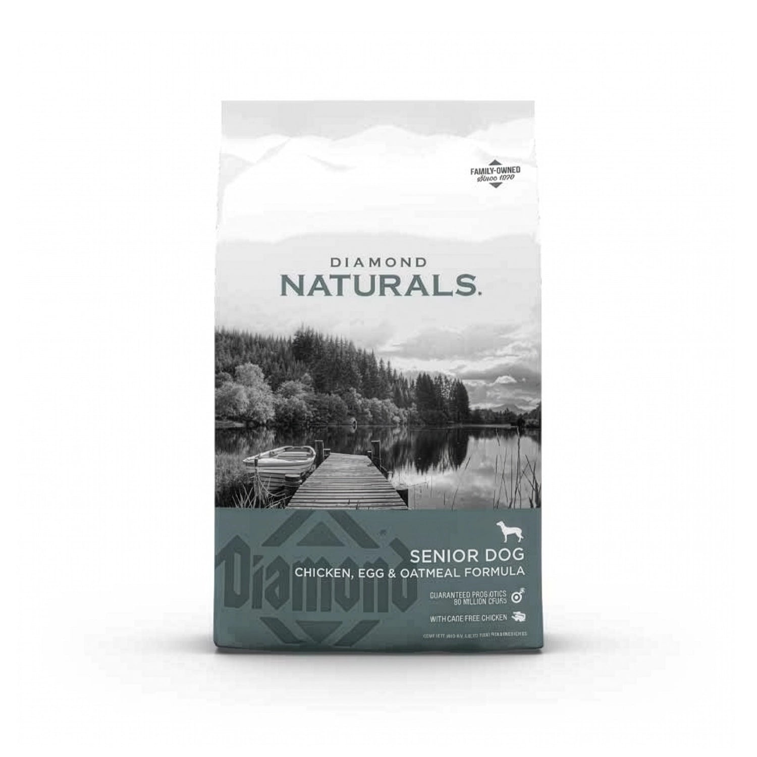 Diamond Naturals Pollo, Huevo y Avena para Perros Senior en bolsa original, alimento seco premium para perros mayores con nutrición balanceada.