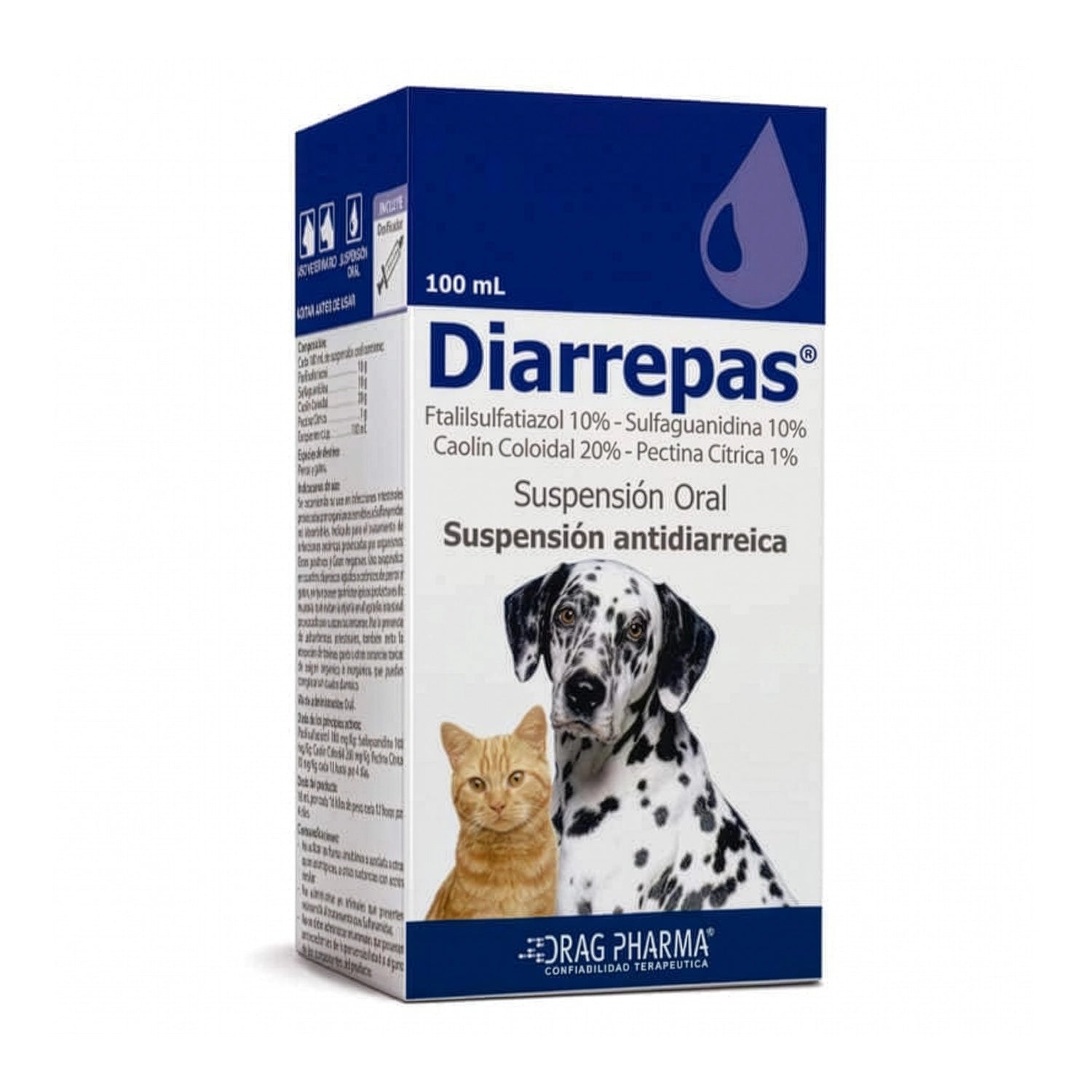 Diarrepas Suspensión Oral en caja azul y blanca con imagen de perro y gato para tratamiento antidiarreico veterinario.
