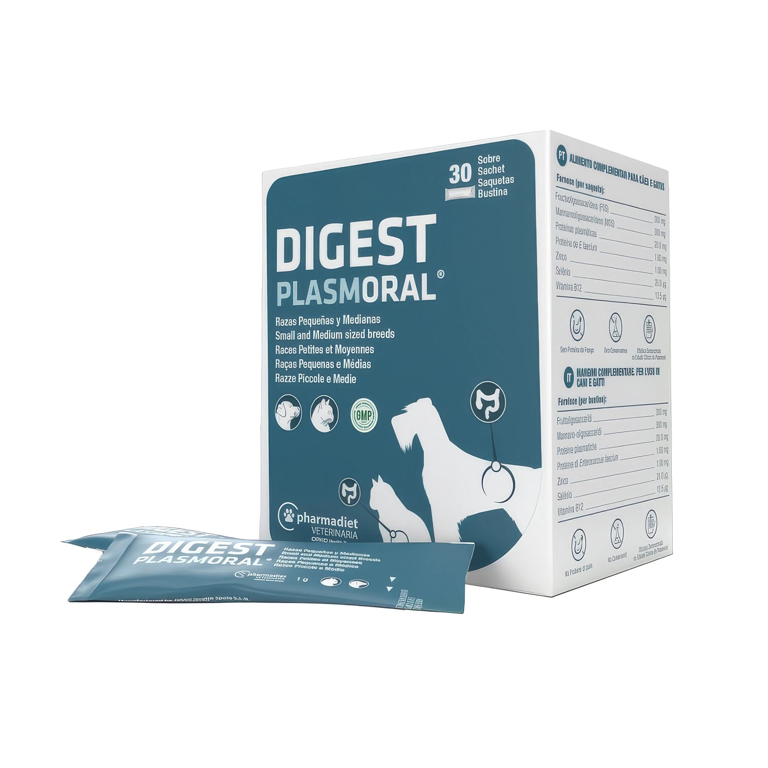 Digest Plasmoral Razas Pequeñas y Medianas en caja con 30 sobres, suplemento digestivo para perros y gatos de talla pequeña.