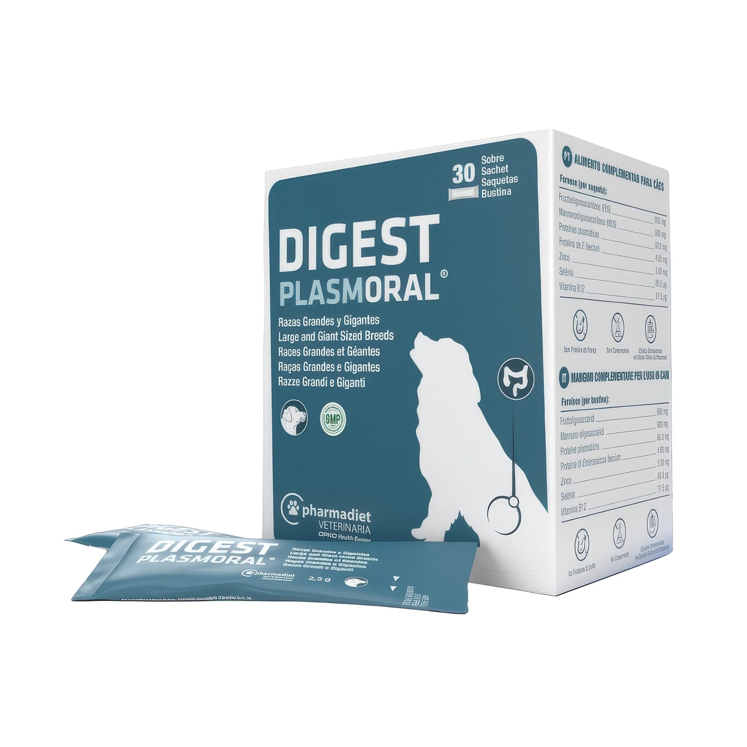 Digest Plasmoral Razas Grandes y Gigantes, envase con sobres monodosis para el soporte digestivo de perros grandes.