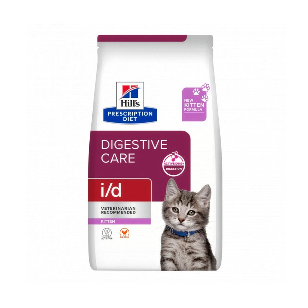 Hill's i/d Cuidado Digestivo para Gatitos, alimento Prescription Diet con pollo en bolsa blanca con imagen de gatito.