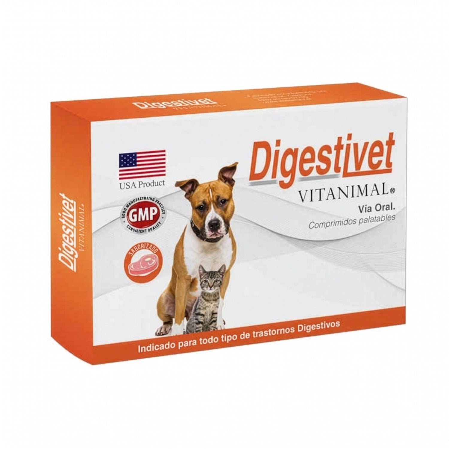 Digestivet Vitanimal en caja naranja con comprimidos palatables para perros y gatos con soporte digestivo veterinario.