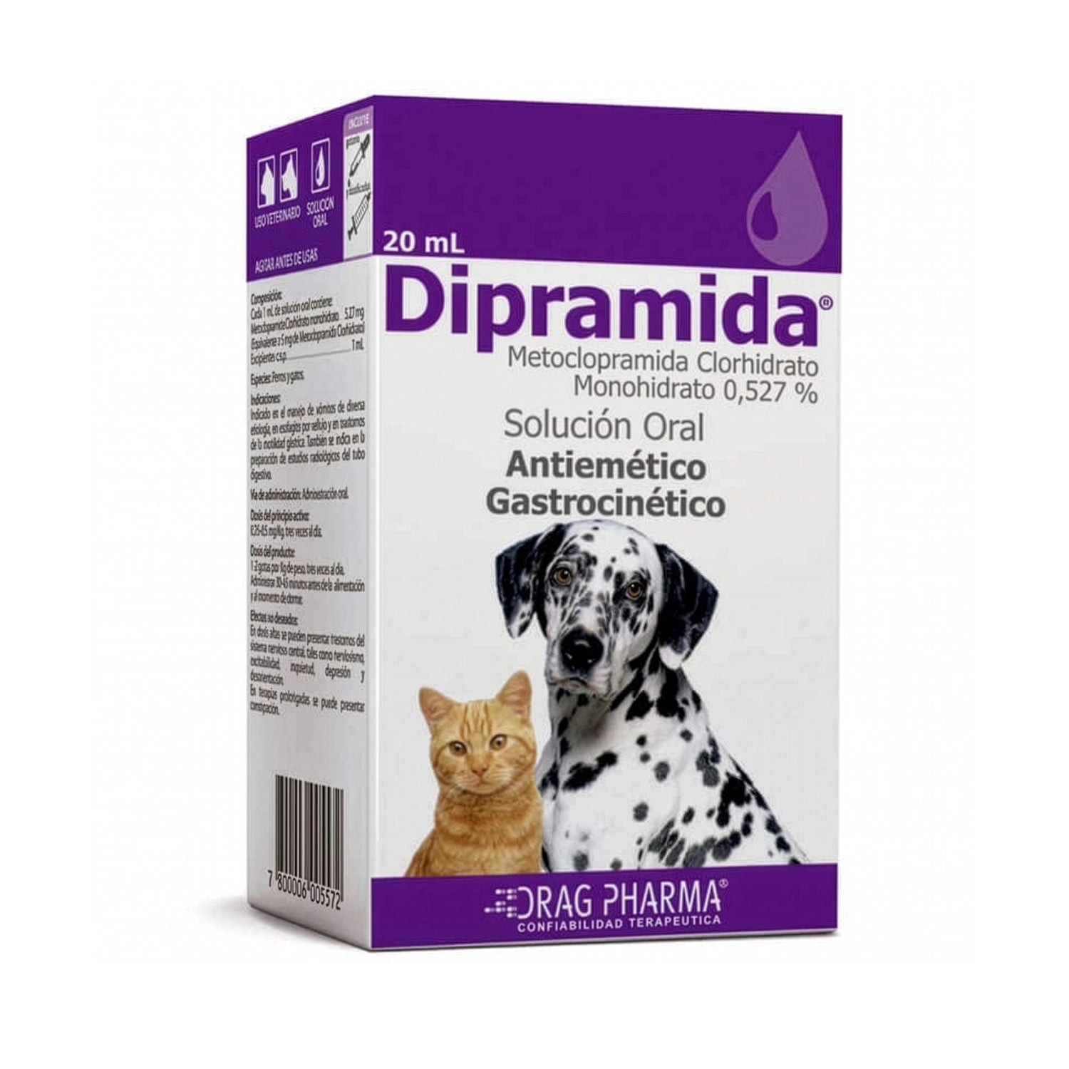 Caja de Dipramida Solución Oral 20 mL para perros y gatos, antiemético y gastrocinético con diseño morado.