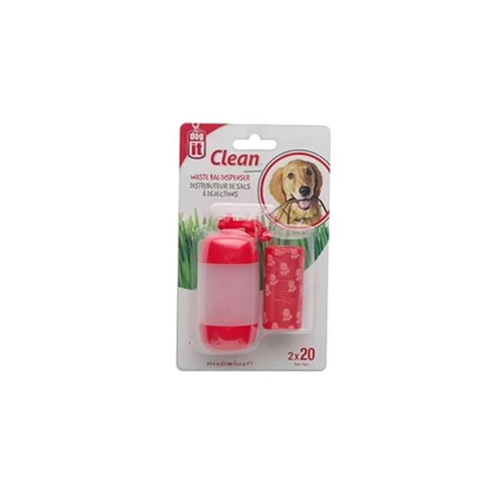 Dogit Dispensador de Bolsas en empaque blister con dispensador rojo, rollos de bolsas y diseño con imagen de perro sobre fondo blanco