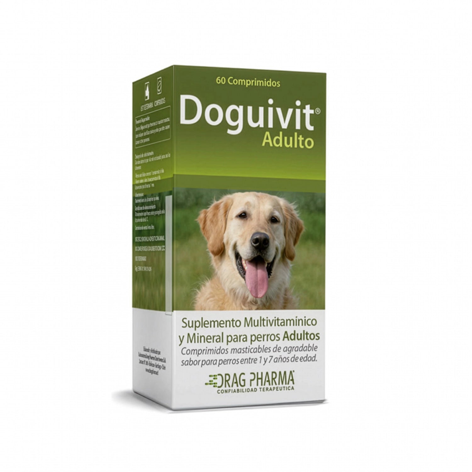 Doguivit Adulto Multivitamínico para perros adultos, caja verde con imagen de golden retriever y 60 comprimidos.