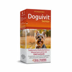 Doguivit Senior Multivitamínico en caja con perro adulto y suplemento mineral para perros mayores de 7 años.