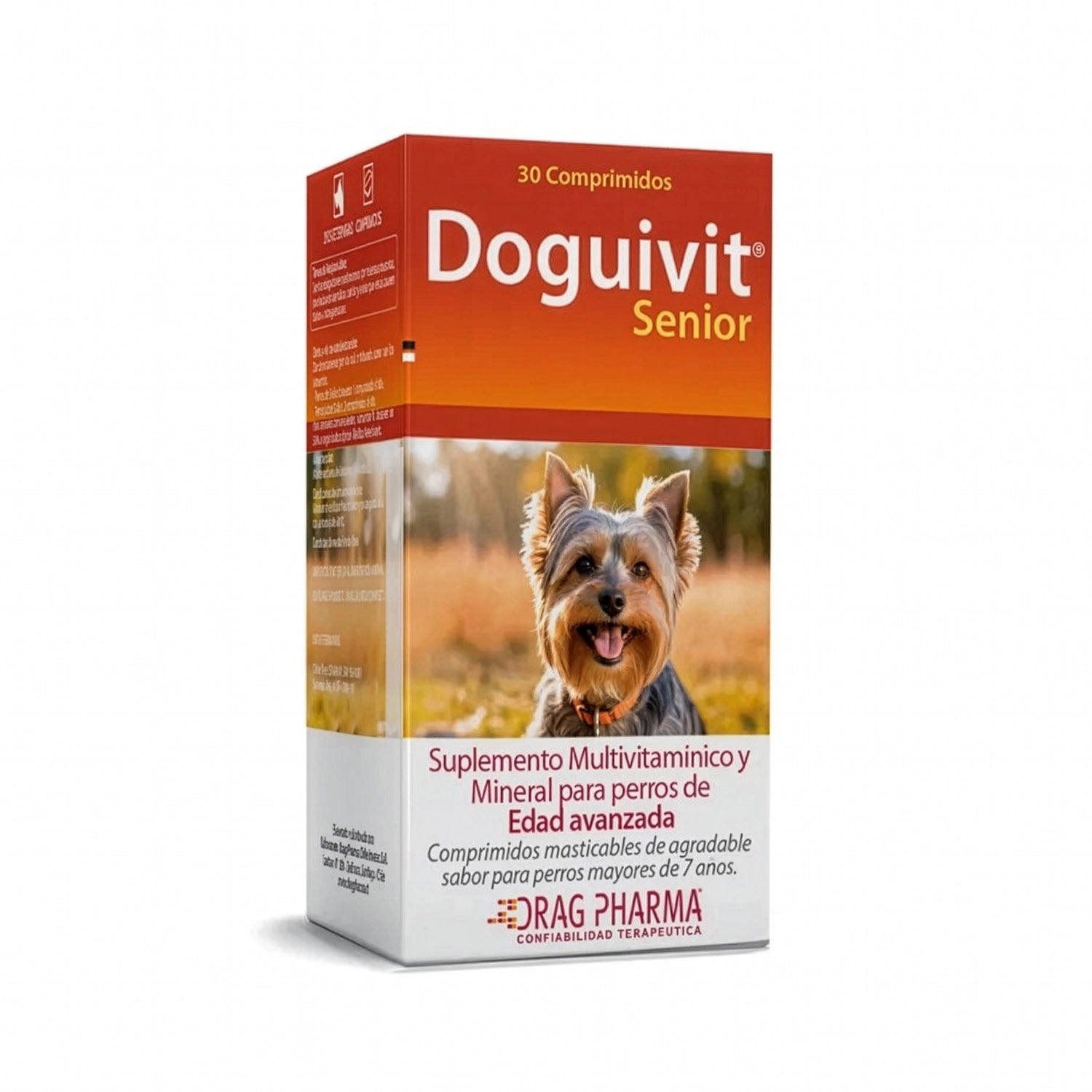 Doguivit Senior Multivitamínico en caja con perro adulto y suplemento mineral para perros mayores de 7 años.
